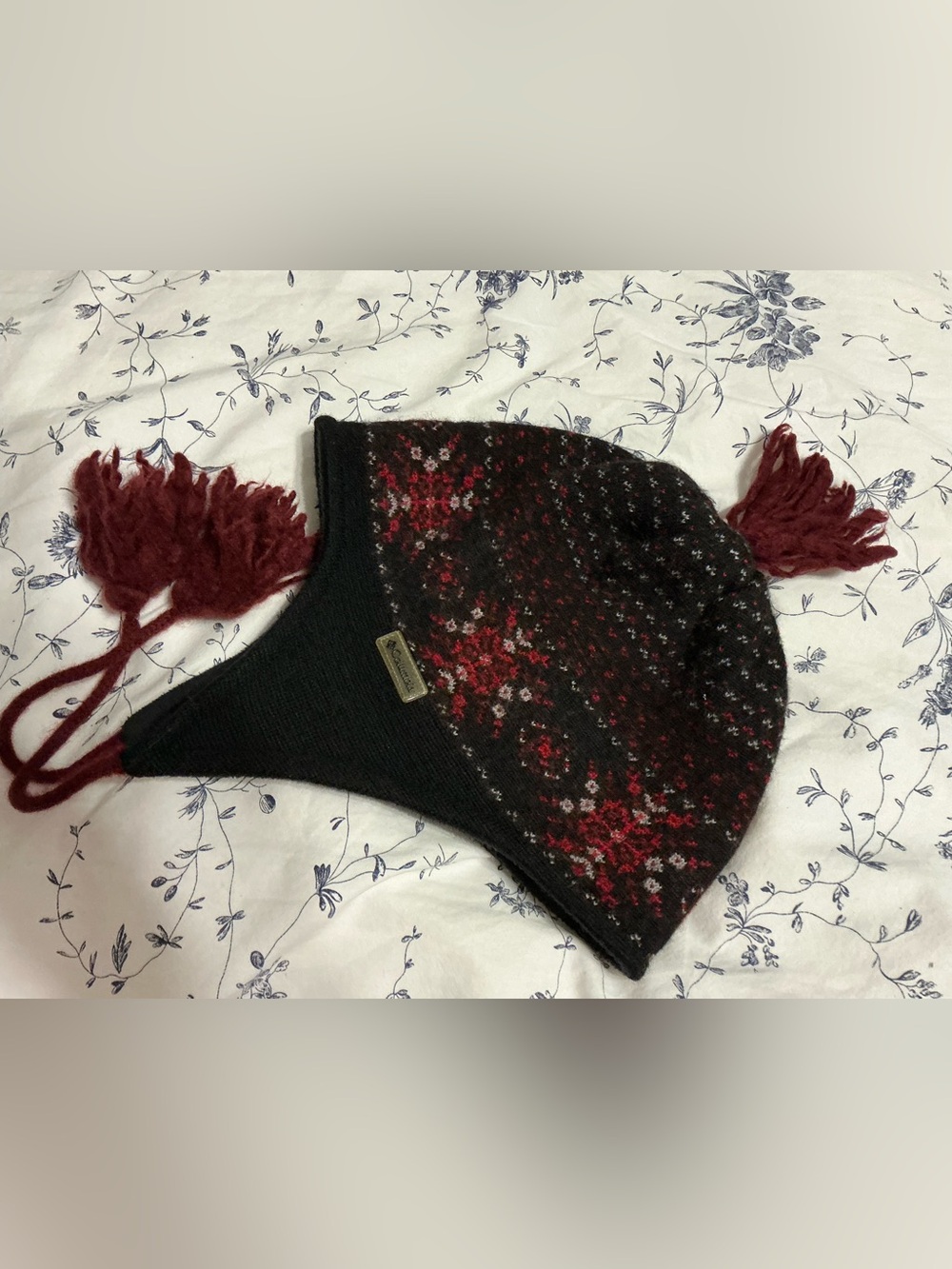 Columbia Black Knit Earflap Hat with Red Floral Pattern